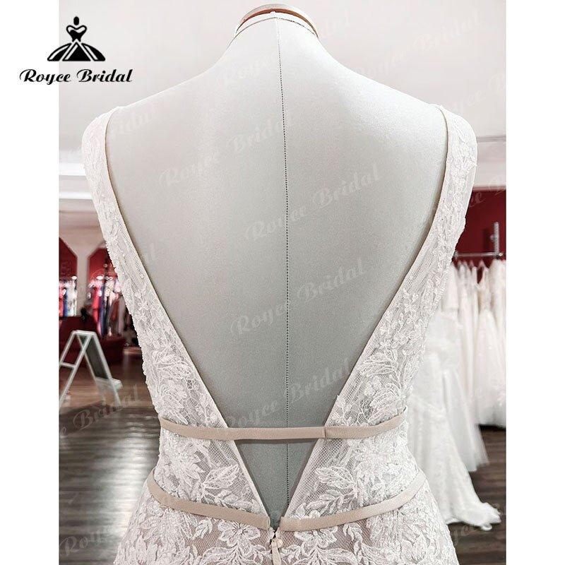 NumberSea Deep V Neck Blush Pink Lace Appliques Boho Mermaid/Trumpet Wedding Dress for Women 2025 Luxury Vestido Civil robe mariée sirene