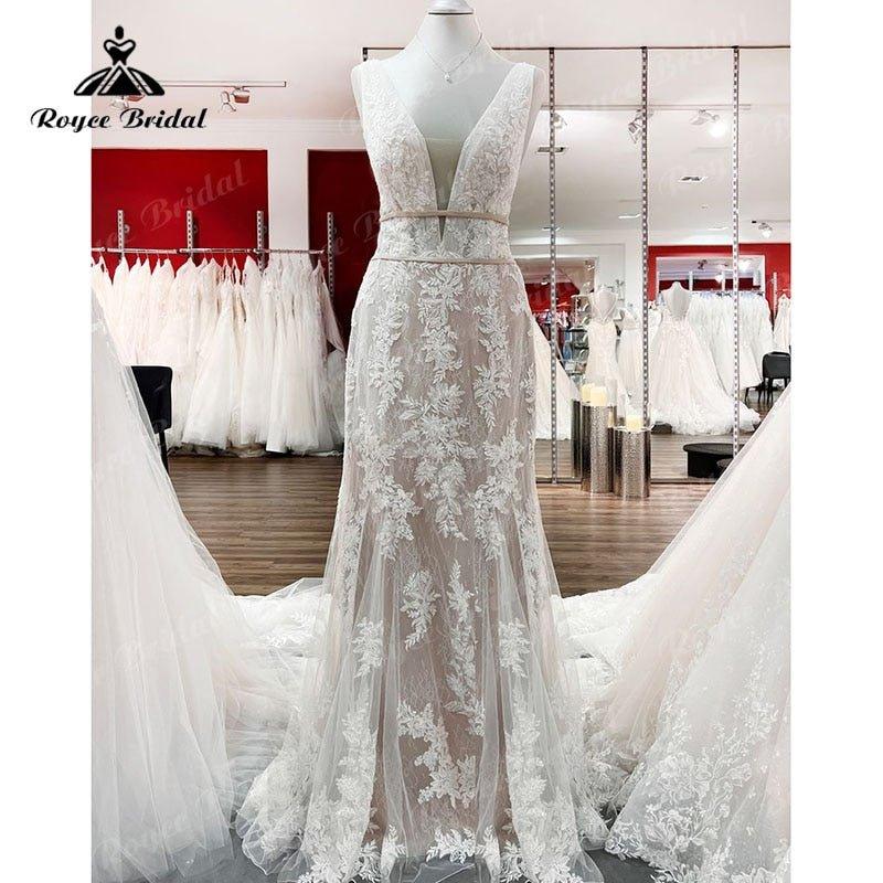 NumberSea Deep V Neck Blush Pink Lace Appliques Boho Mermaid/Trumpet Wedding Dress for Women 2025 Luxury Vestido Civil robe mariée sirene