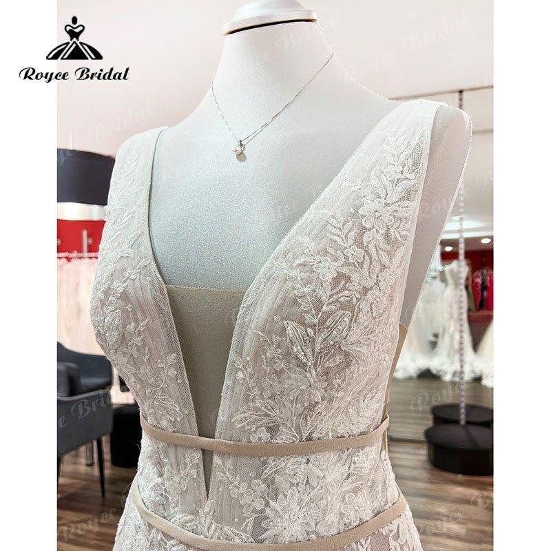 NumberSea Deep V Neck Blush Pink Lace Appliques Boho Mermaid/Trumpet Wedding Dress for Women 2025 Luxury Vestido Civil robe mariée sirene