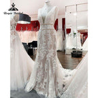 NumberSea Deep V Neck Blush Pink Lace Appliques Boho Mermaid/Trumpet Wedding Dress for Women 2025 Luxury Vestido Civil robe mariée sirene