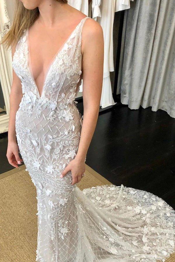NumberSea Deep V-Neck Luxury Beaded Mermaid Wedding Dress with Detachable Train,MW470