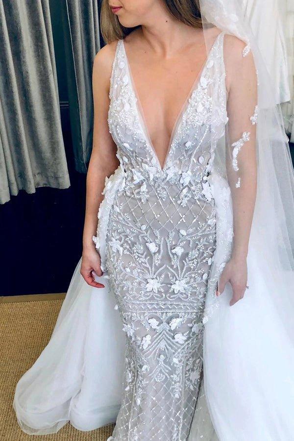 NumberSea Deep V-Neck Luxury Beaded Mermaid Wedding Dress with Detachable Train,MW470