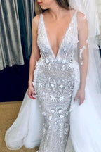 NumberSea Deep V-Neck Luxury Beaded Mermaid Wedding Dress with Detachable Train,MW470