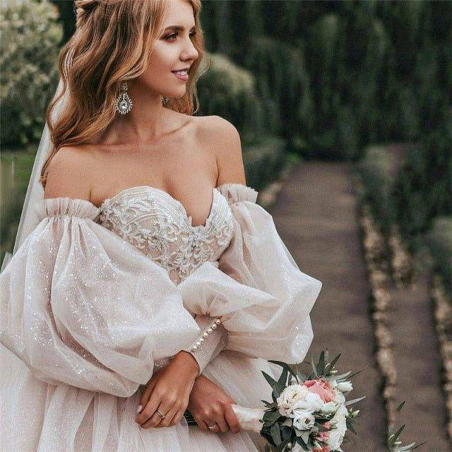 NumberSea Dirty Pink Boho Wedding Dress 2021 Detachable Puff Sleeve Bridal Dresses Glitter Sparky Lace Wedding Gowns Beach Sweetheart