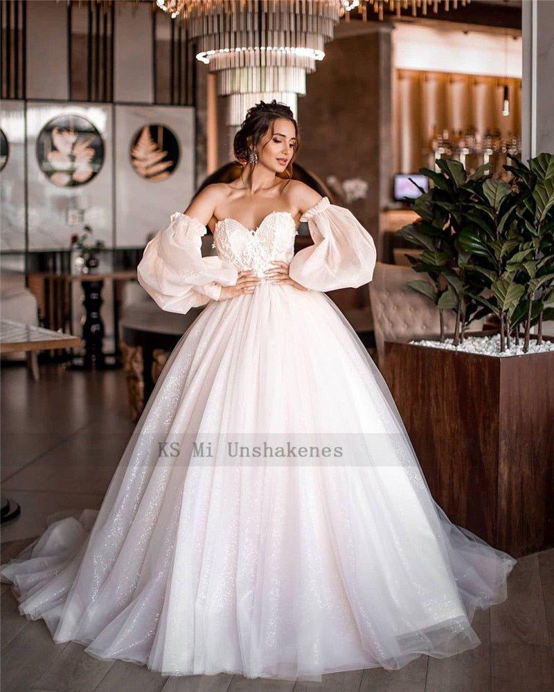 NumberSea Dirty Pink Boho Wedding Dress 2021 Detachable Puff Sleeve Bridal Dresses Glitter Sparky Lace Wedding Gowns Beach Sweetheart