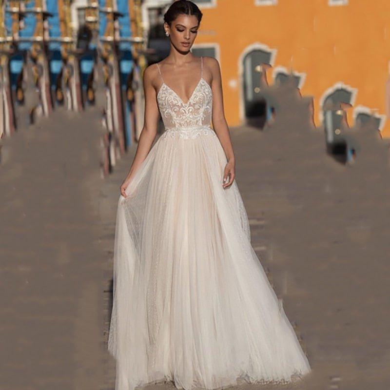 NumberSea Eightree Beach Wedding Dress Boho vestido de noiva Bohemian Lace Bridal Dress Backless Spaghetti Straps V Neck Wedding Gowns