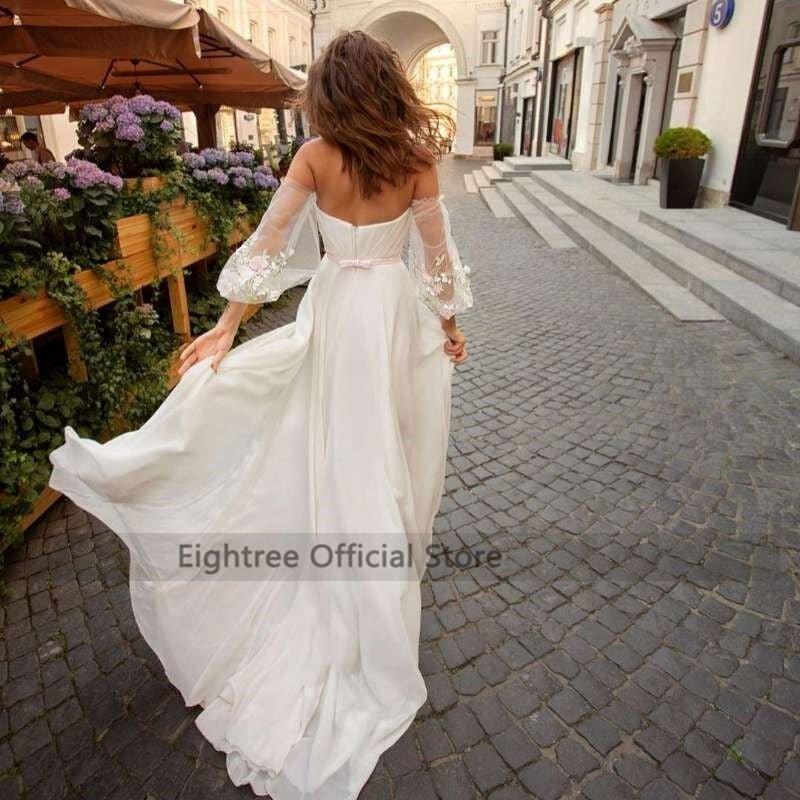 NumberSea Eightree Sexy Summer Wedding Dresses 2021 Lace Chiffon Bride Dress Puff Sleeve Split Side Bow Beach Wedding Gowns Women Cheap
