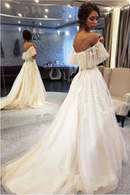 NumberSea Elegant A-line Off the Shoulder Lace Wedding Dresses,Ruffled Sleeves Wedding Dresses,MW479