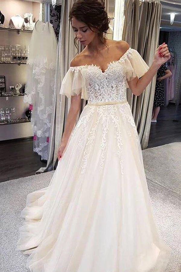 NumberSea Elegant A-line Off the Shoulder Lace Wedding Dresses,Ruffled Sleeves Wedding Dresses,MW479