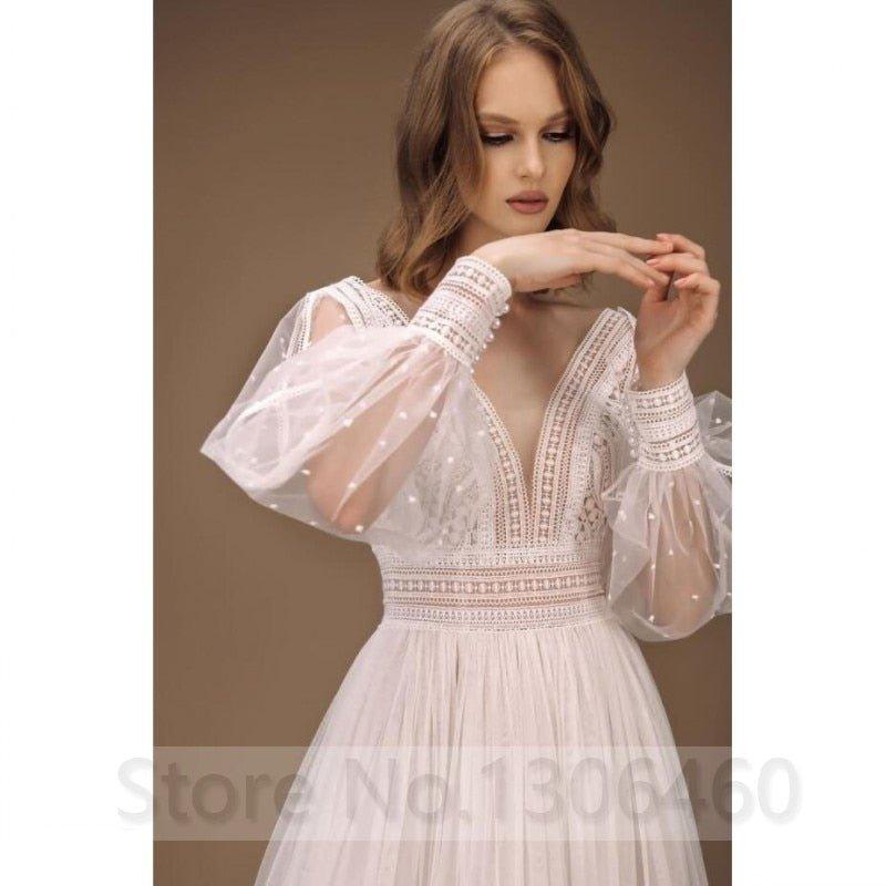 NumberSea Elegant A-Line Wedding Dress Puff Sleeves Tulle Boho Wedding Gowns Sexy Backless Vestido De Novia Princess Wedding Party Dress