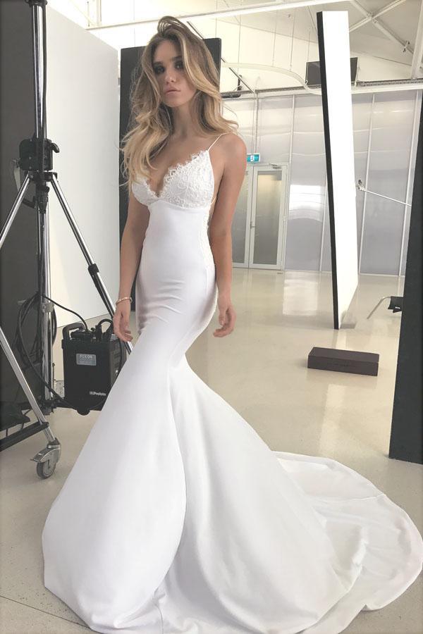 NumberSea Elegant Backless Mermaid Lace V-neck Long Wedding Dresses with Appliques, MW135