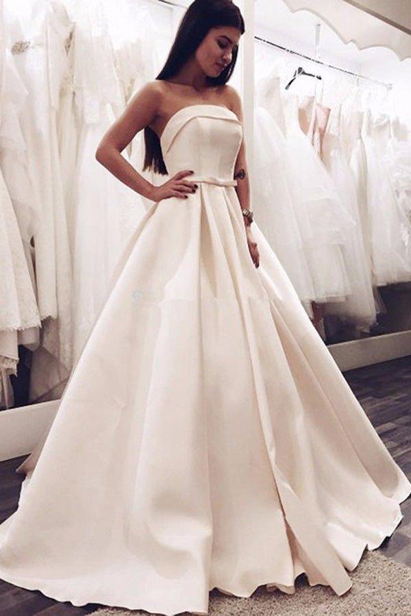 NumberSea Elegant Ball Gown Strapless Satin Long Wedding Dresses with Bow,Cute Wedding Dresses,MW478