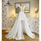 NumberSea Elegant Cap Sleeve Two Pieces Lace Floral Plunging Wedding Dress with Detachable Skirt Bridal reception Gown robe de soirée