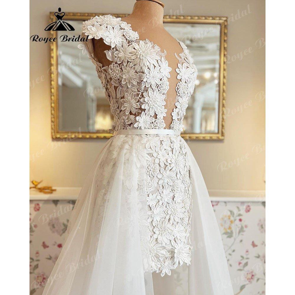 NumberSea Elegant Cap Sleeve Two Pieces Lace Floral Plunging Wedding Dress with Detachable Skirt Bridal reception Gown robe de soirée