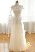 NumberSea Elegant Ivory Chiffon Lace Long Wedding Dresses, Pretty Bridal Gown, MW137