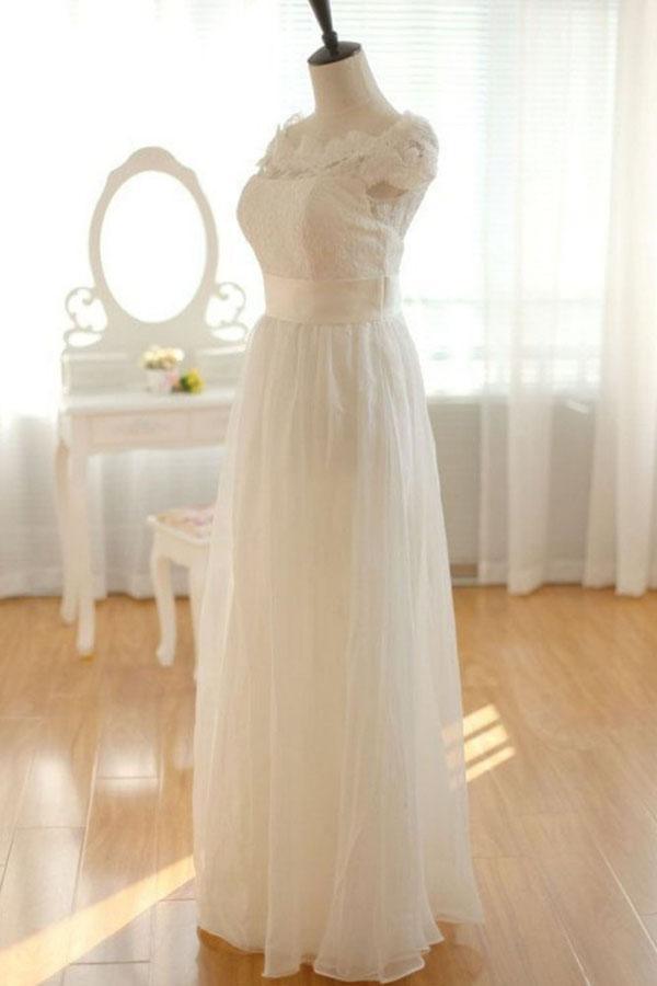 NumberSea Elegant Ivory Chiffon Lace Long Wedding Dresses, Pretty Bridal Gown, MW137