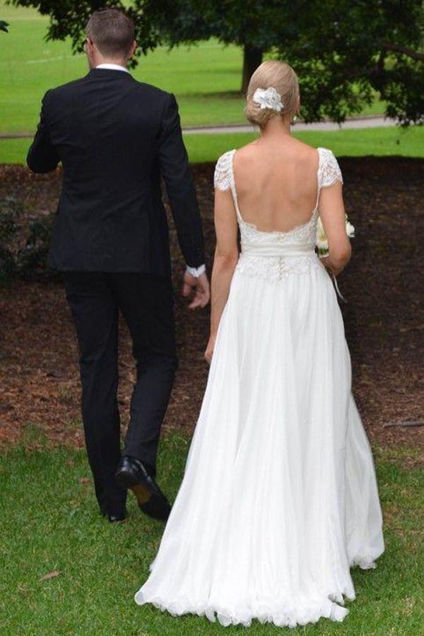 NumberSea Elegant Ivory Lace Open Back Cap Sleeves Beach Wedding Dress Bridal Gowns, MW170