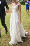 NumberSea Elegant Ivory Lace Open Back Cap Sleeves Beach Wedding Dress Bridal Gowns, MW170