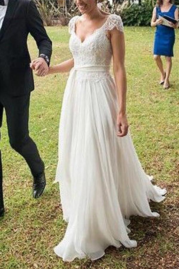 NumberSea Elegant Ivory Lace Open Back Cap Sleeves Beach Wedding Dress Bridal Gowns, MW170