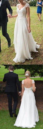 NumberSea Elegant Ivory Lace Open Back Cap Sleeves Beach Wedding Dress Bridal Gowns, MW170