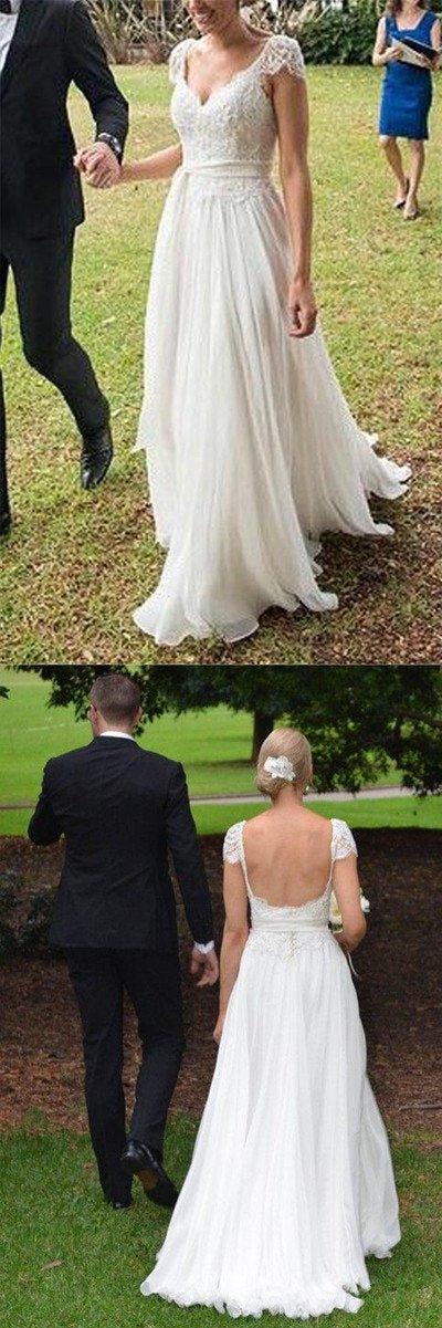 NumberSea Elegant Ivory Lace Open Back Cap Sleeves Beach Wedding Dress Bridal Gowns, MW170