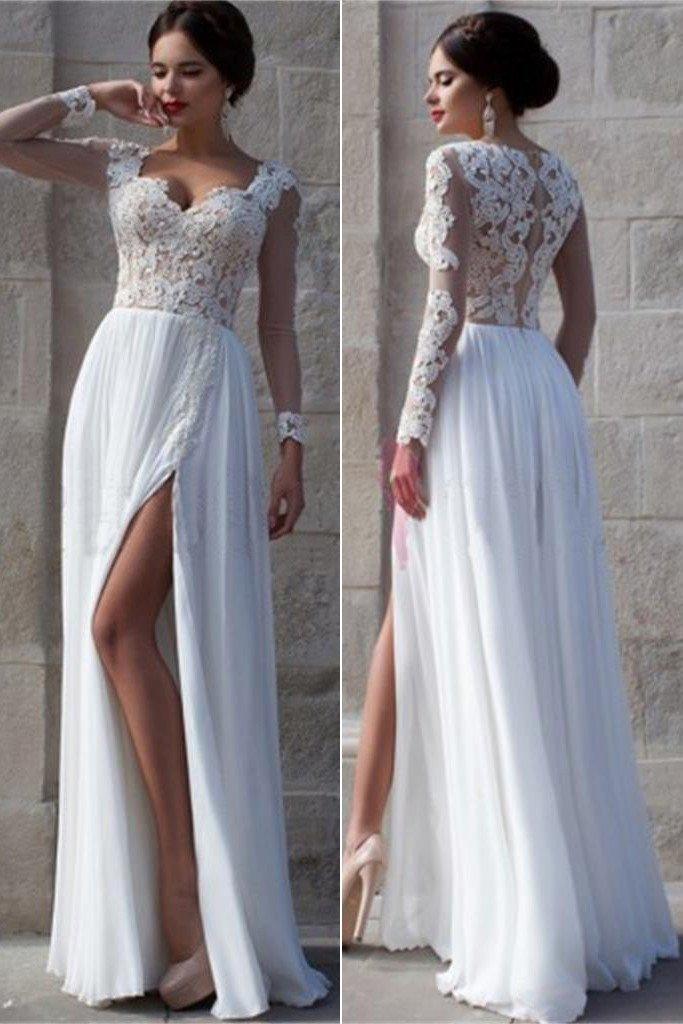 NumberSea Elegant Long Sleeve Lace White Tulle Wedding Dresses, Bridal Dress, MW138