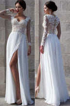 NumberSea Elegant Long Sleeve Lace White Tulle Wedding Dresses, Bridal Dress, MW138