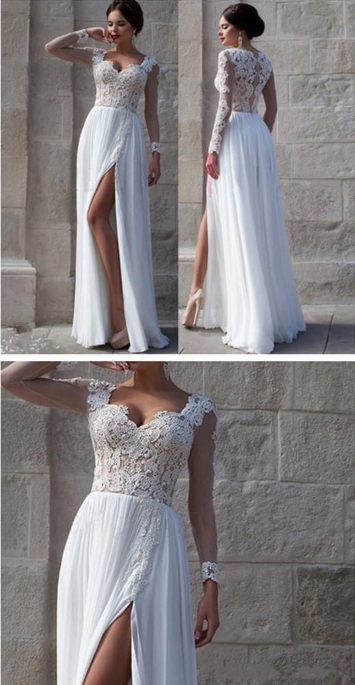 NumberSea Elegant Long Sleeve Lace White Tulle Wedding Dresses, Bridal Dress, MW138