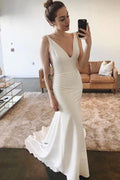 NumberSea Elegant Mermaid V-neck Open Back Sleeveless Soft Satin Long Wedding Dresses,MW474