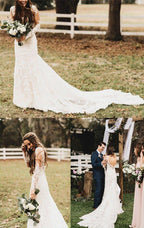 NumberSea Elegant Mermaid Wedding Dresses Long Sleeves V-neck Lace Bridal Gowns,MW467