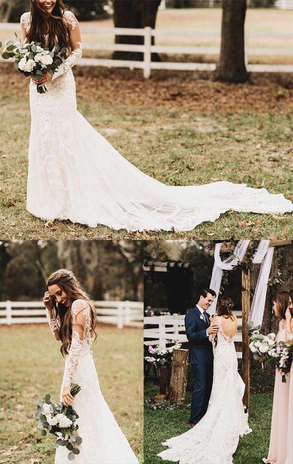 NumberSea Elegant Mermaid Wedding Dresses Long Sleeves V-neck Lace Bridal Gowns,MW467