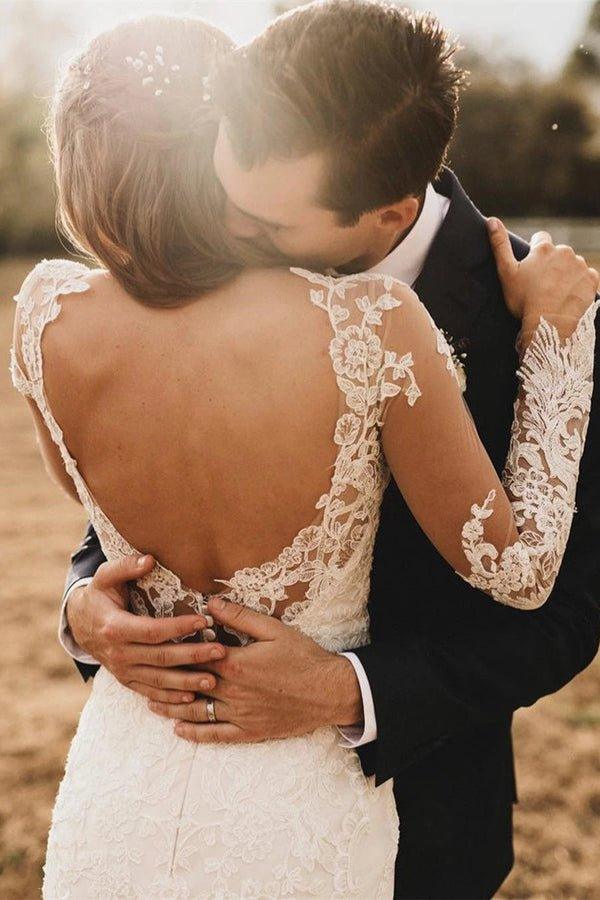 NumberSea Elegant Mermaid Wedding Dresses Long Sleeves V-neck Lace Bridal Gowns,MW467