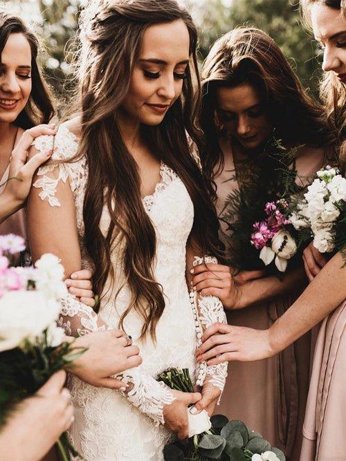 NumberSea Elegant Mermaid Wedding Dresses Long Sleeves V-neck Lace Bridal Gowns,MW467