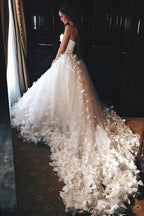 NumberSea Elegant Off Shoulder Modest Tulle Wedding Dress Bridal Gown With Flowers, MW141