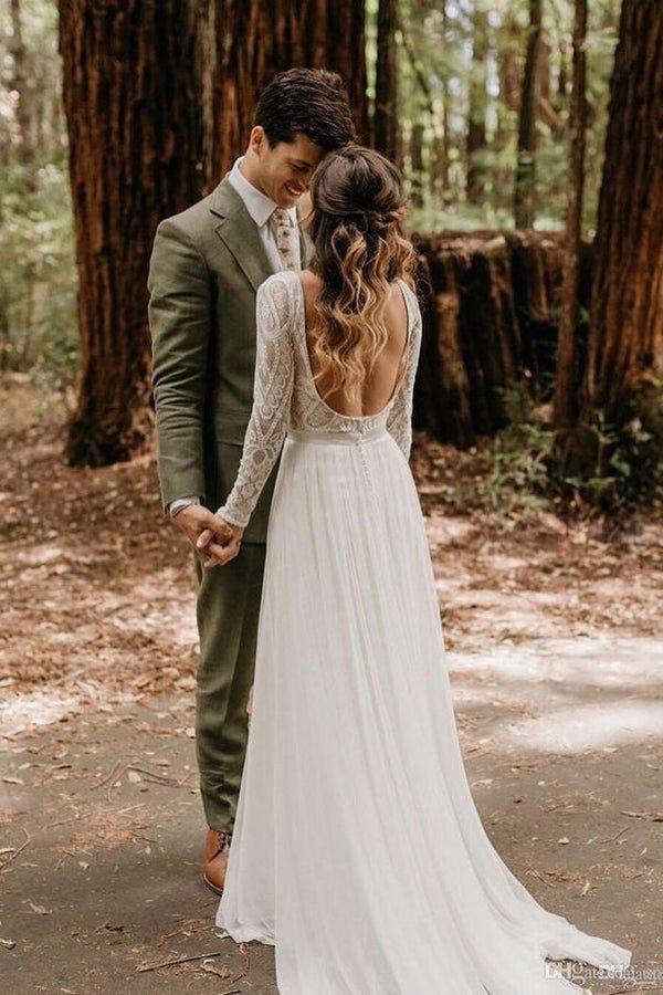 NumberSea Elegant Scoop Long Sleeve Chiffon Wedding Dresses with Lace Backless Ivory Bridal Dresses,MW482