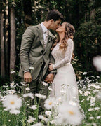 NumberSea Elegant Scoop Long Sleeve Chiffon Wedding Dresses with Lace Backless Ivory Bridal Dresses,MW482