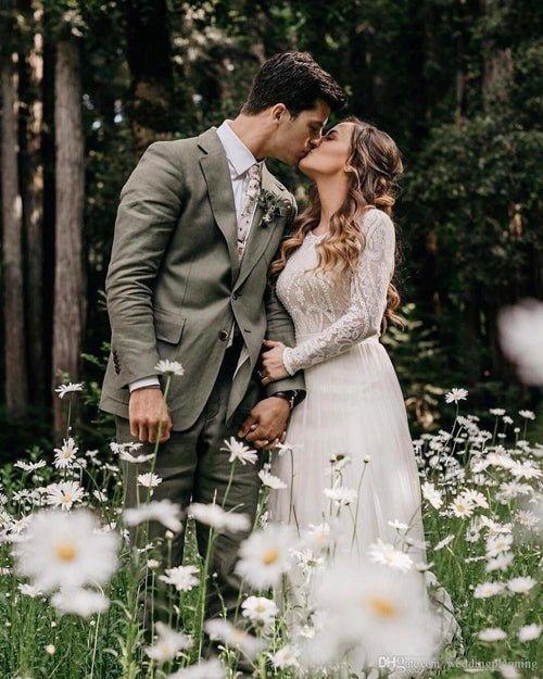 NumberSea Elegant Scoop Long Sleeve Chiffon Wedding Dresses with Lace Backless Ivory Bridal Dresses,MW482
