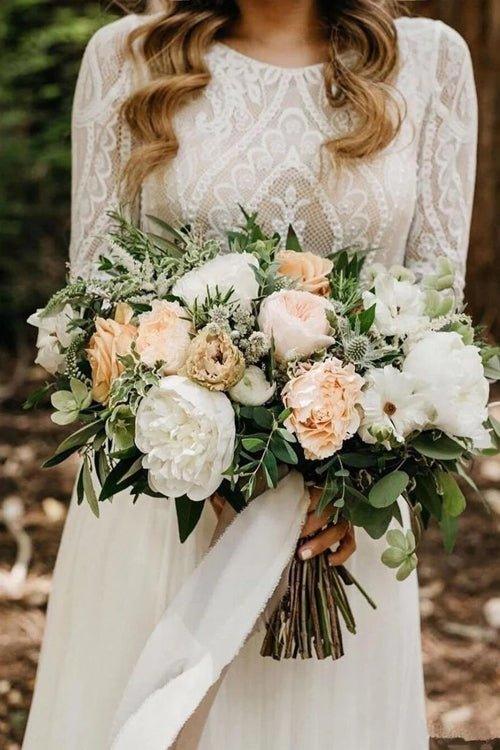 NumberSea Elegant Scoop Long Sleeve Chiffon Wedding Dresses with Lace Backless Ivory Bridal Dresses,MW482