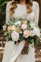 NumberSea Elegant Scoop Long Sleeve Chiffon Wedding Dresses with Lace Backless Ivory Bridal Dresses,MW482