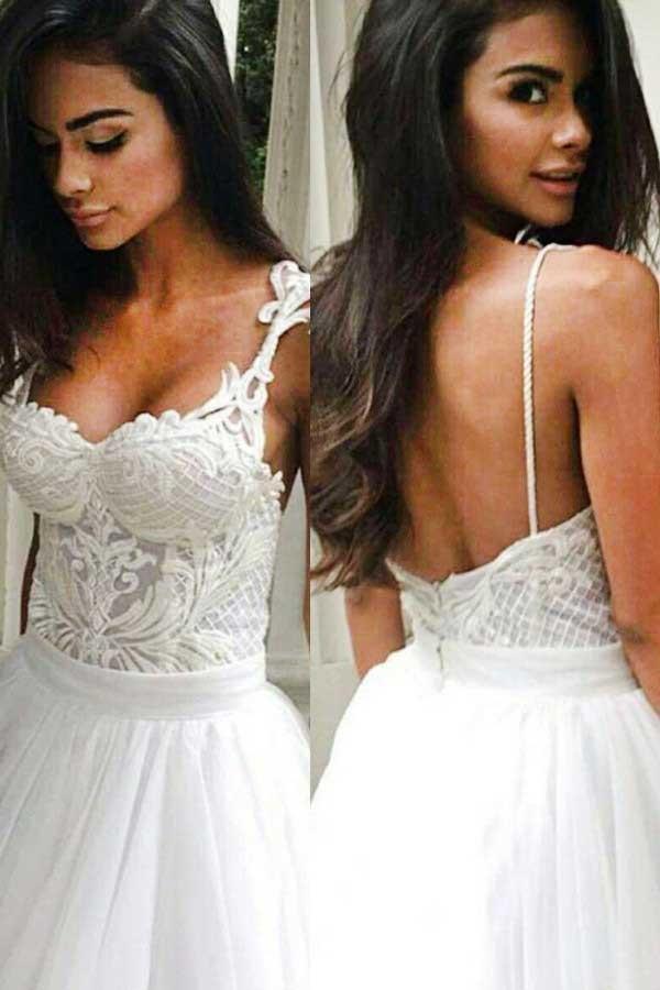 NumberSea Elegant Spaghetti Straps Backless Lace Top Wedding Dress with Sweep Train, MW136