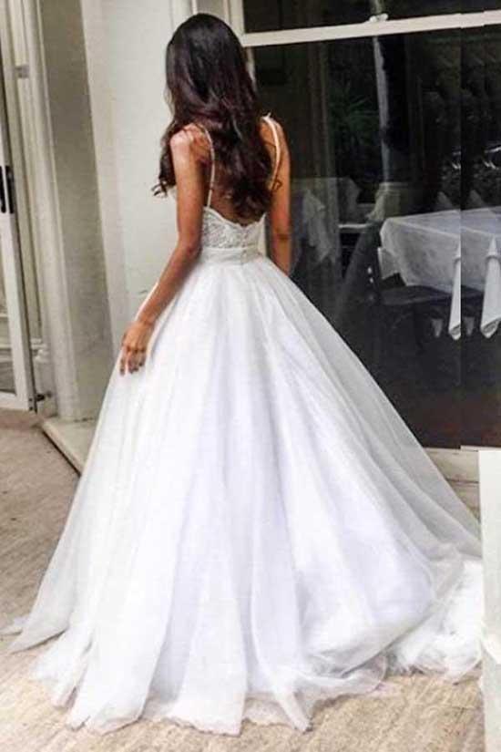 NumberSea Elegant Spaghetti Straps Backless Lace Top Wedding Dress with Sweep Train, MW136