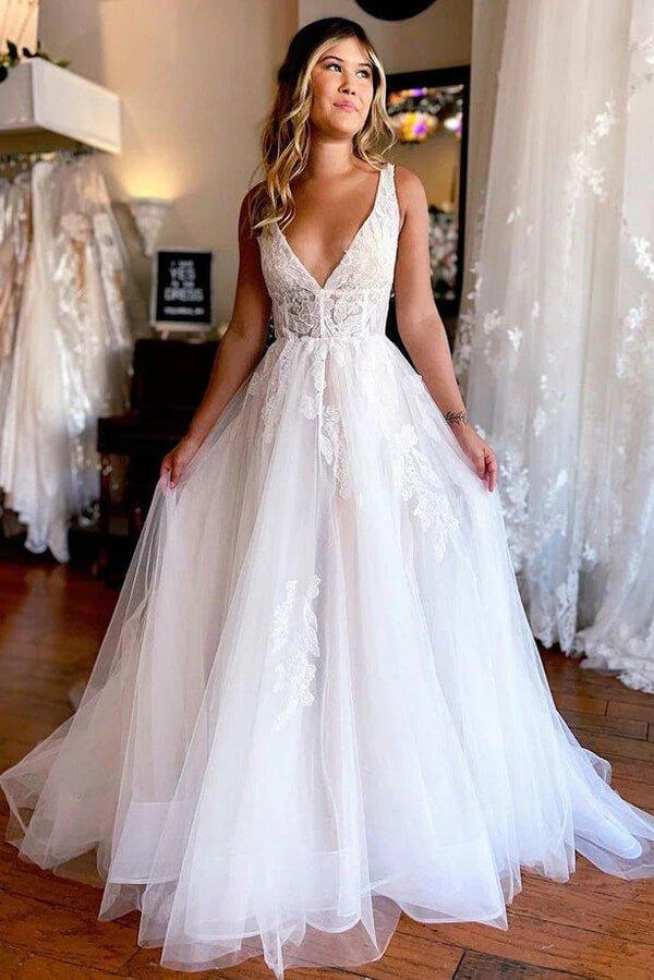 NumberSea Elegant Tulle A-line V-neck Beach Wedding Dresses With Lace Appliques, MW910