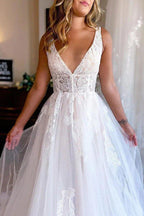 NumberSea Elegant Tulle A-line V-neck Beach Wedding Dresses With Lace Appliques, MW910