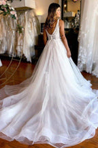 NumberSea Elegant Tulle A-line V-neck Beach Wedding Dresses With Lace Appliques, MW910