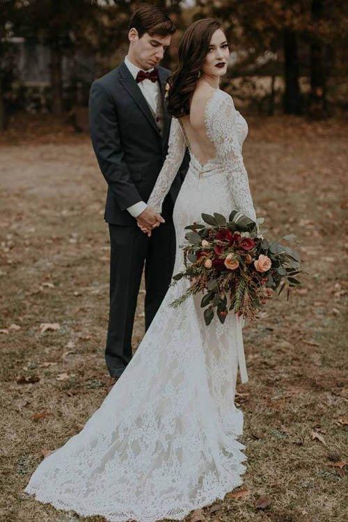 NumberSea Elegant Vintage Ivory Backless Long Sleeve Rustic Lace Wedding Dresses, MW264