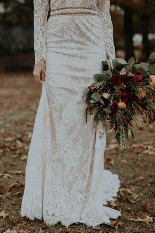 NumberSea Elegant Vintage Ivory Backless Long Sleeve Rustic Lace Wedding Dresses, MW264