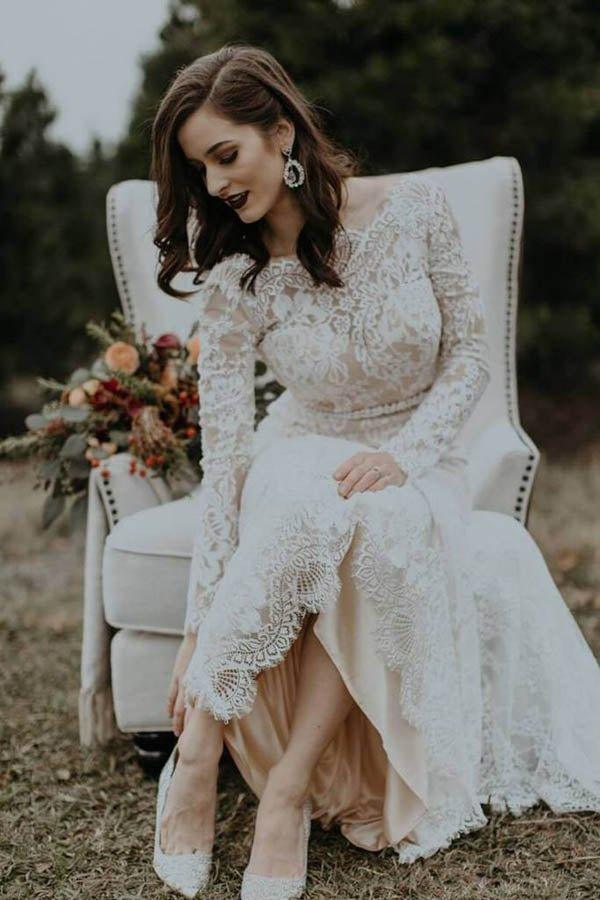 NumberSea Elegant Vintage Ivory Backless Long Sleeve Rustic Lace Wedding Dresses, MW264