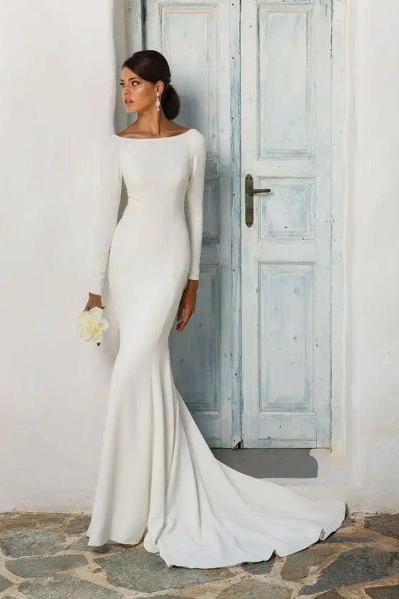 NumberSea Elegant White Stain Mermaid Wedding Dresses Long Sleeves Bridal Gown Vestido De Noiva Sweep/ Brush Train Wedding Gown