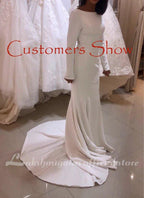 NumberSea Elegant White Stain Mermaid Wedding Dresses Long Sleeves Bridal Gown Vestido De Noiva Sweep/ Brush Train Wedding Gown