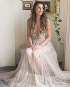NumberSea Embroidery A-Line Appliques V-neck Bohemain Tulle Wedding Dress,MW441